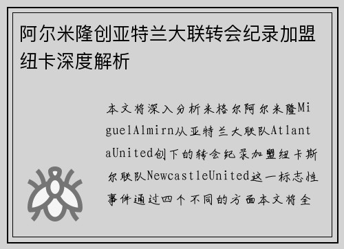 阿尔米隆创亚特兰大联转会纪录加盟纽卡深度解析